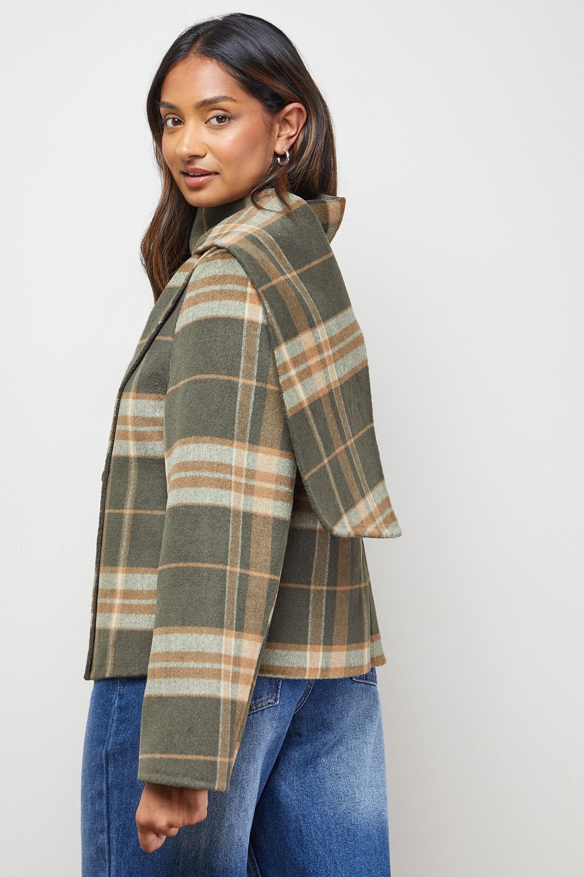 Oasis Oasis Women's Check Scarf Longline Jacket Coat in Taupe - 3