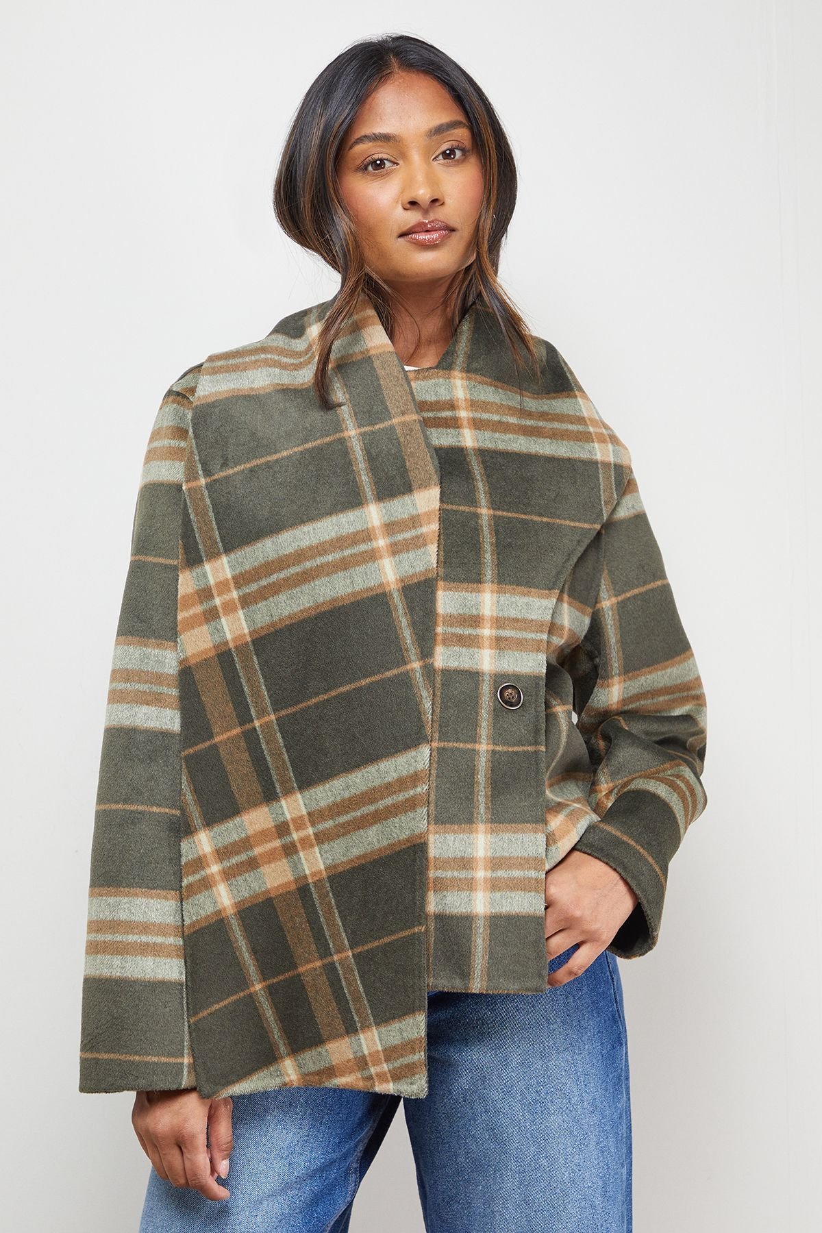 Oasis Oasis Women's Check Scarf Longline Jacket Coat in Taupe - 4