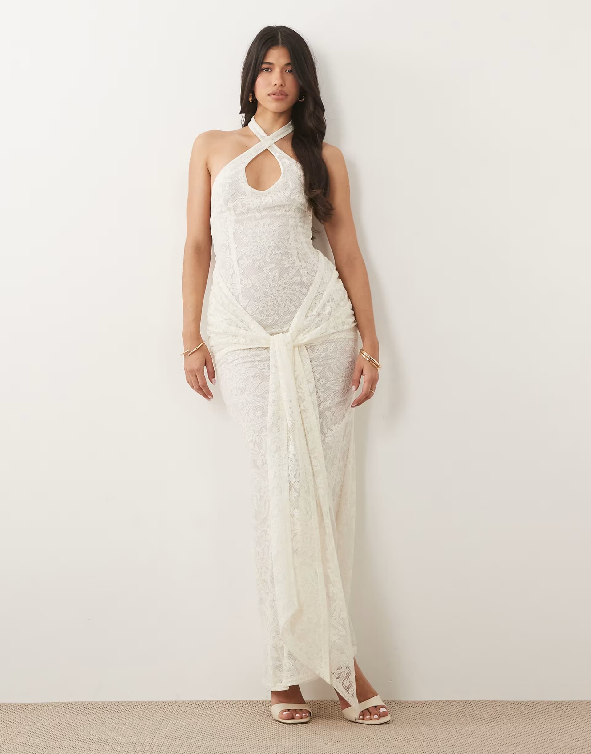 ASOS Missyempire lace halterneck keyhole detail drape tie front maxi dress in cream