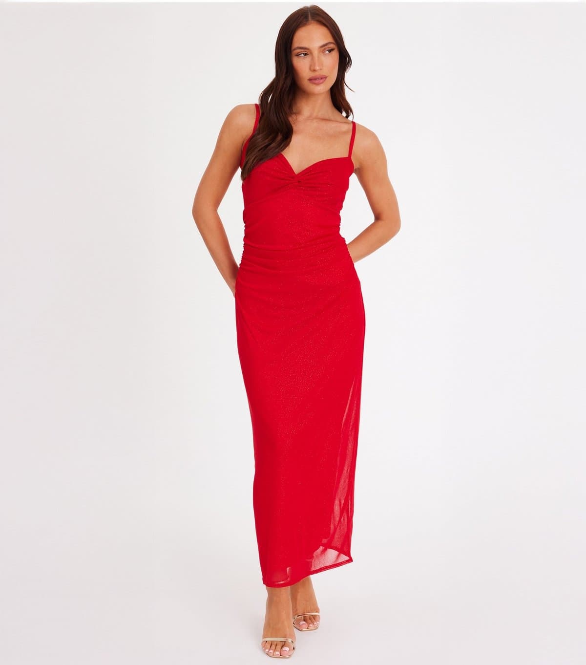 Quiz Women's Bright Red Glitter Mesh Midaxi Dress Quiz New Look