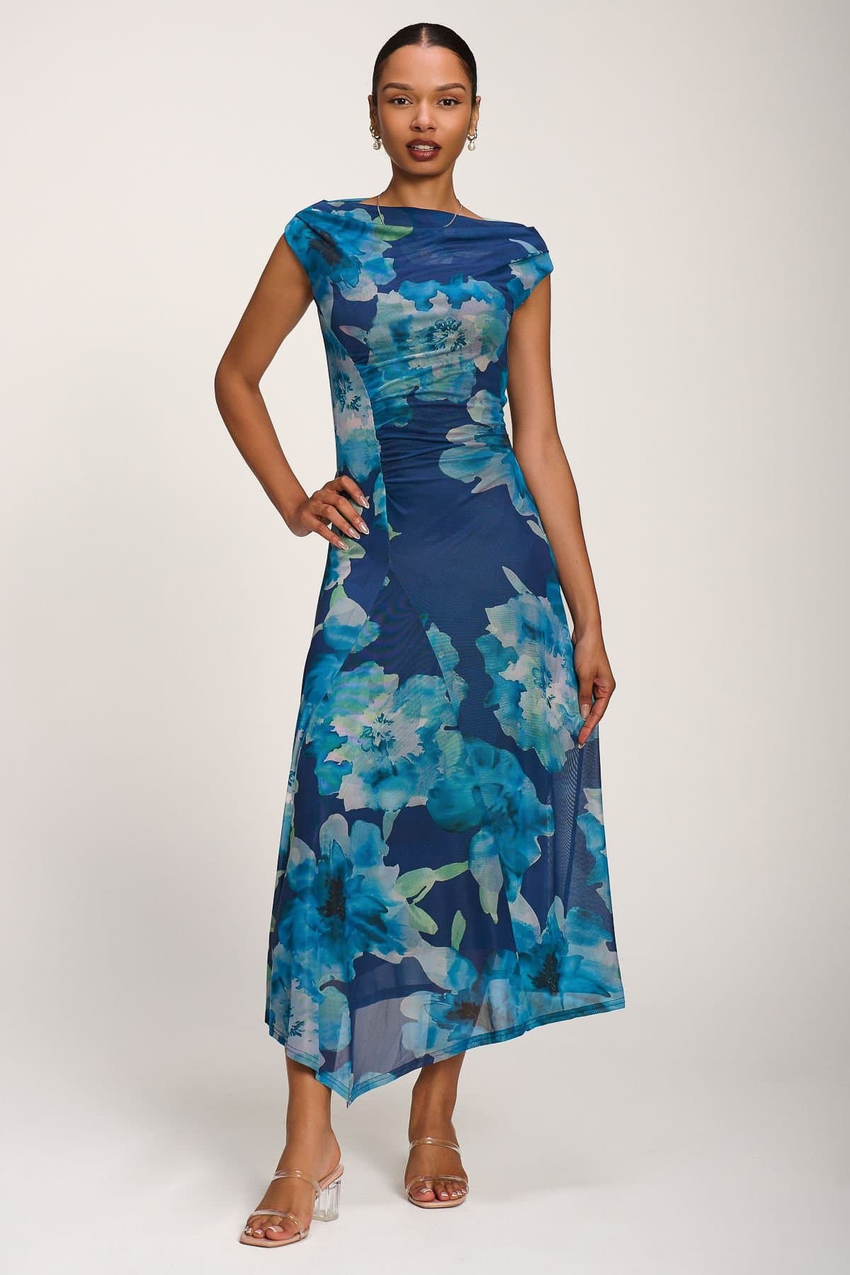 Jolie Moi Jolie Moi Women's Asymmetric Draped Mesh Maxi Dress in Dark Blue