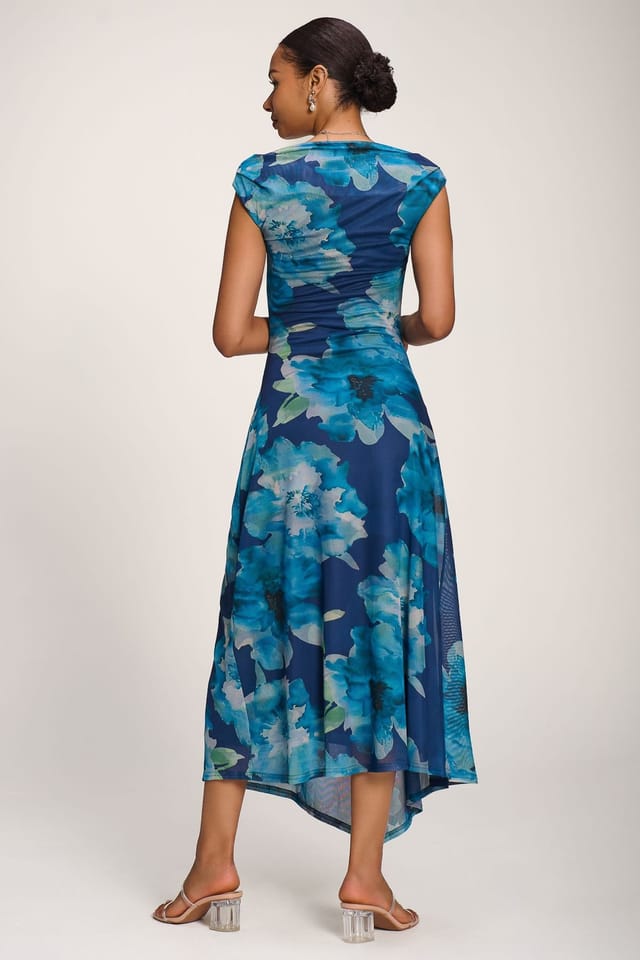 Jolie Moi Jolie Moi Women's Asymmetric Draped Mesh Maxi Dress in Dark Blue - 2