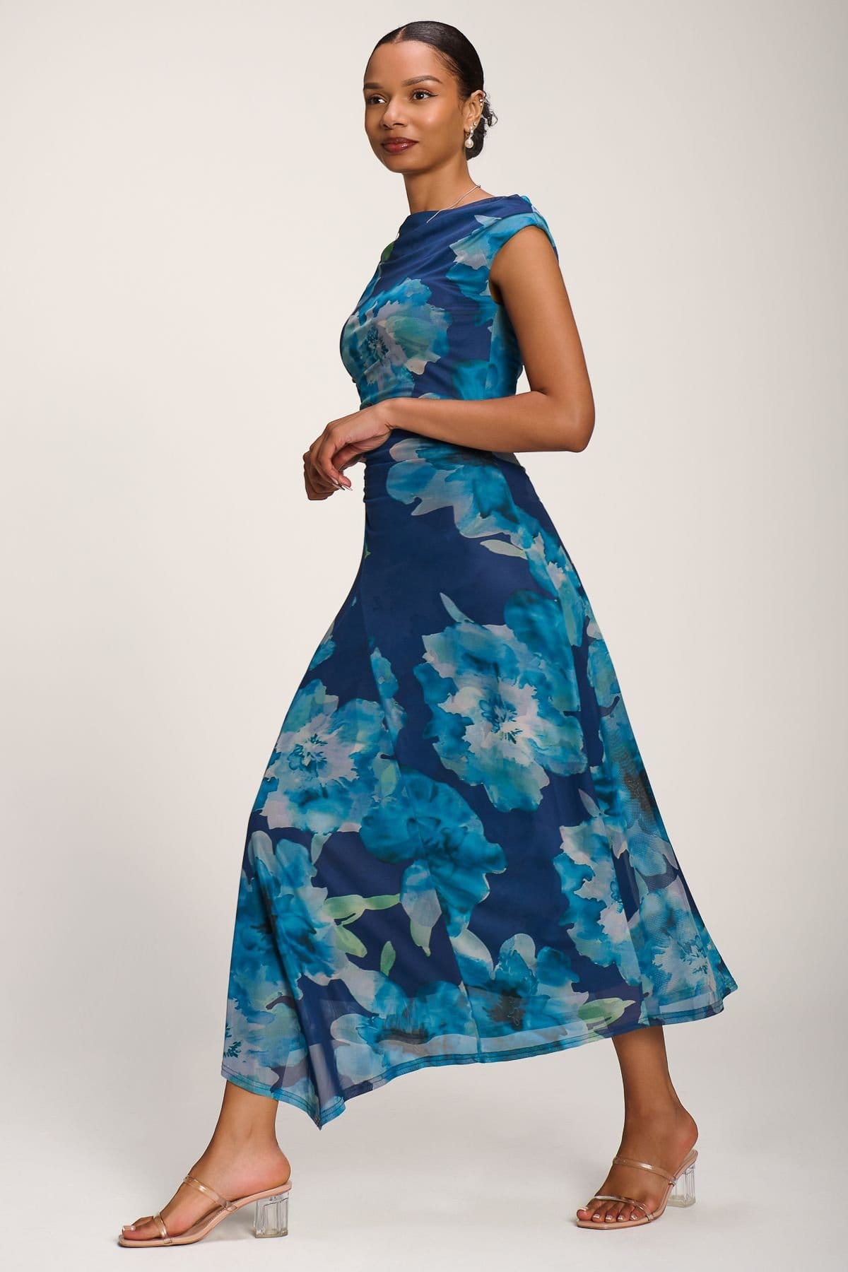 Jolie Moi Jolie Moi Women's Asymmetric Draped Mesh Maxi Dress in Dark Blue - 4