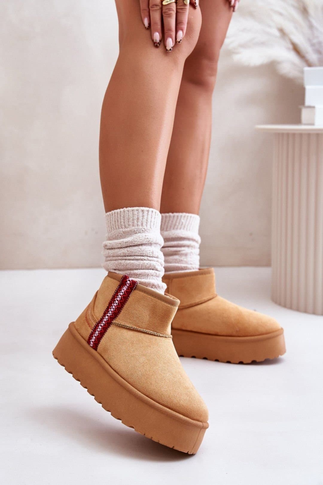 Love Lace Love Lace Women's Ankle High Snow Boots Suede Faux Fur Platform Pattern Upper in Camel