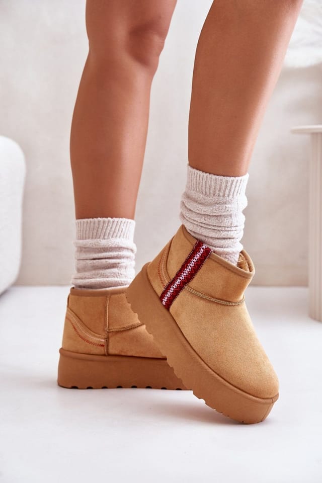 Love Lace Love Lace Women's Ankle High Snow Boots Suede Faux Fur Platform Pattern Upper in Camel - 3