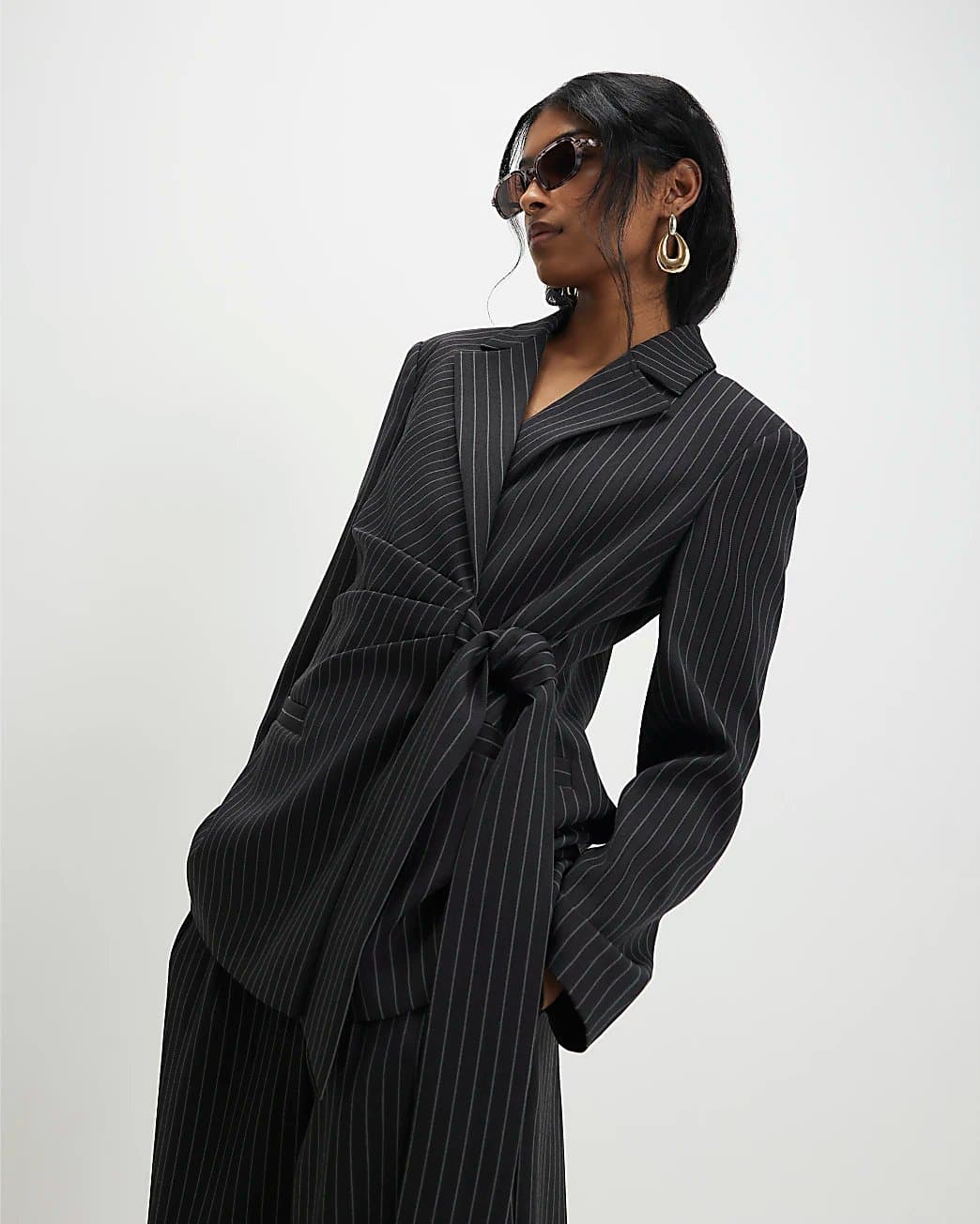 River Island River Island Womens Black Stripe Tie Waist Blazer