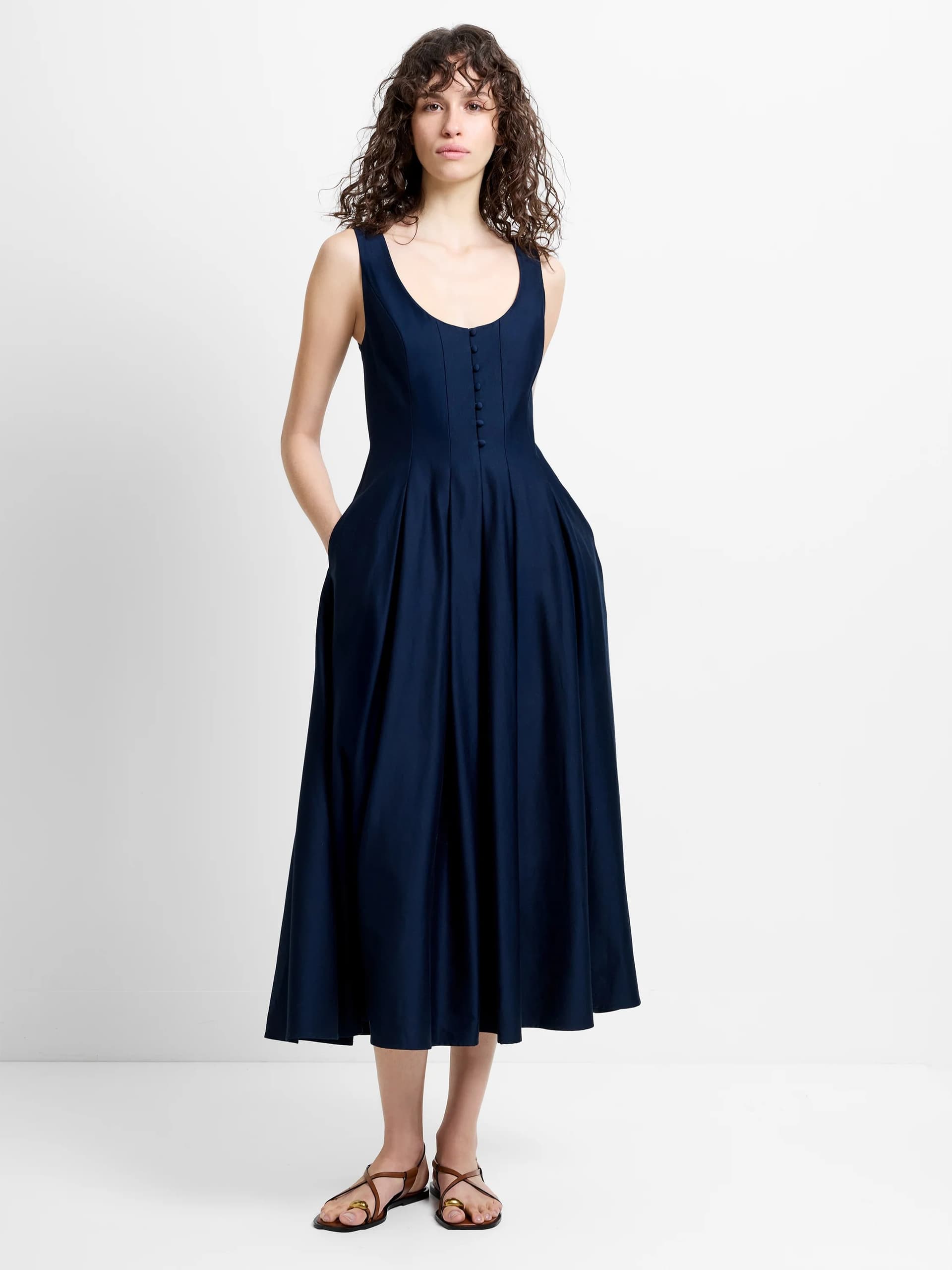 French Connection Cotton Sateen Fit-and-Flare Midi Dress Marine Blue