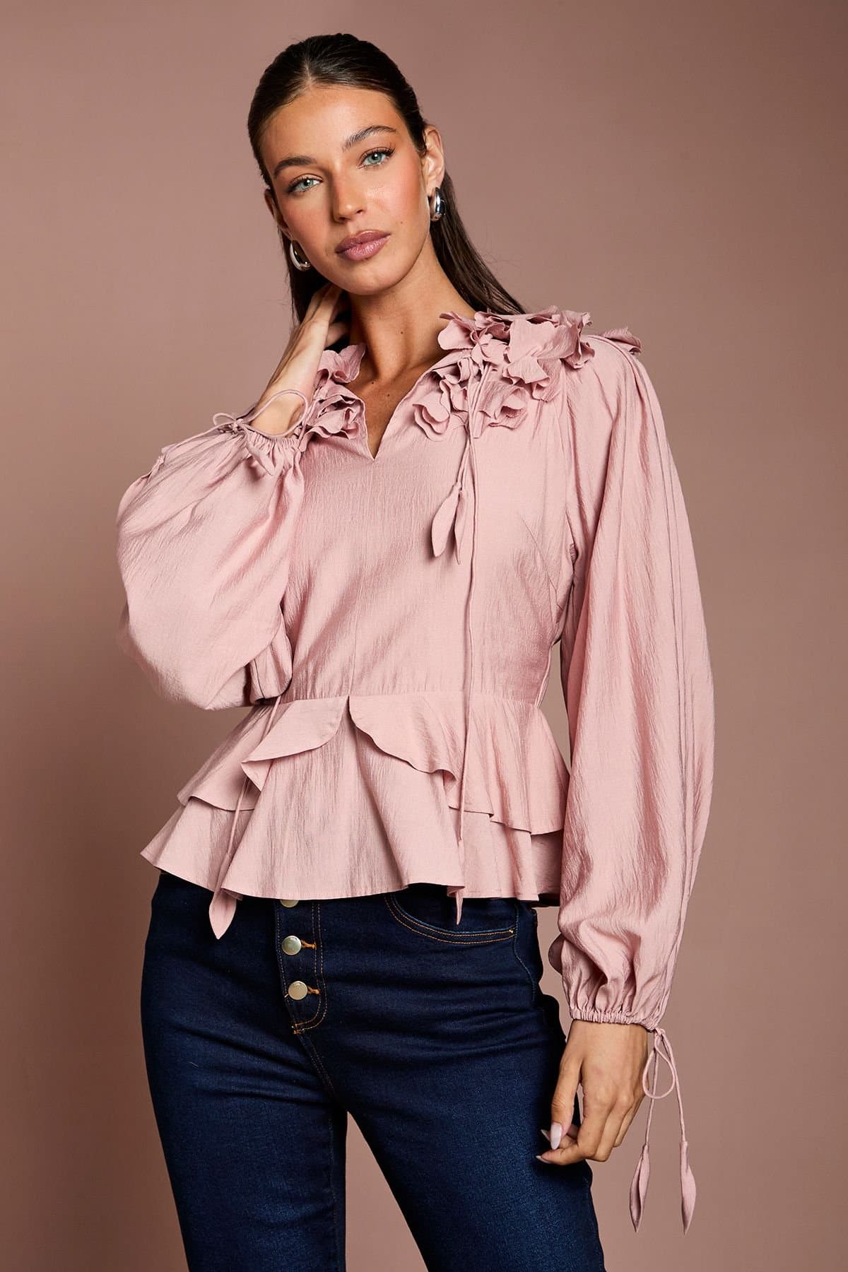 Coast Coast Women's 3D Floral Blouson Sleeve Blouse in Blush