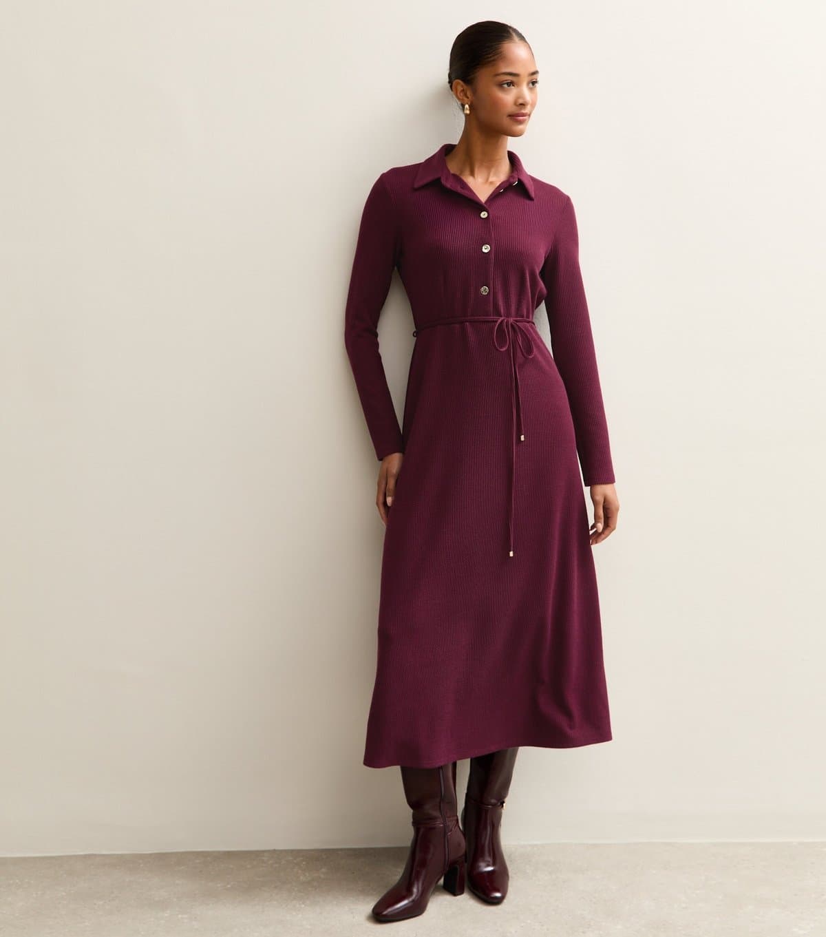 New Look Women's Dark Burgundy Crinkled Midi Shirt Dress New Look