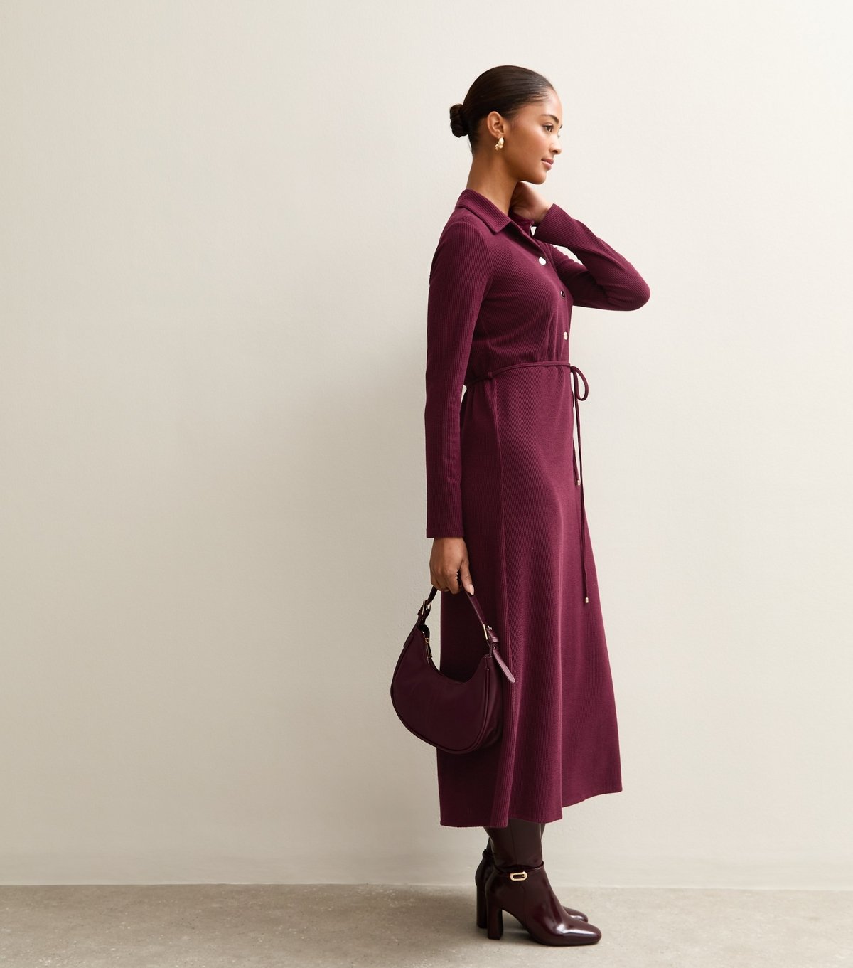 New Look Women's Dark Burgundy Crinkled Midi Shirt Dress New Look - 3