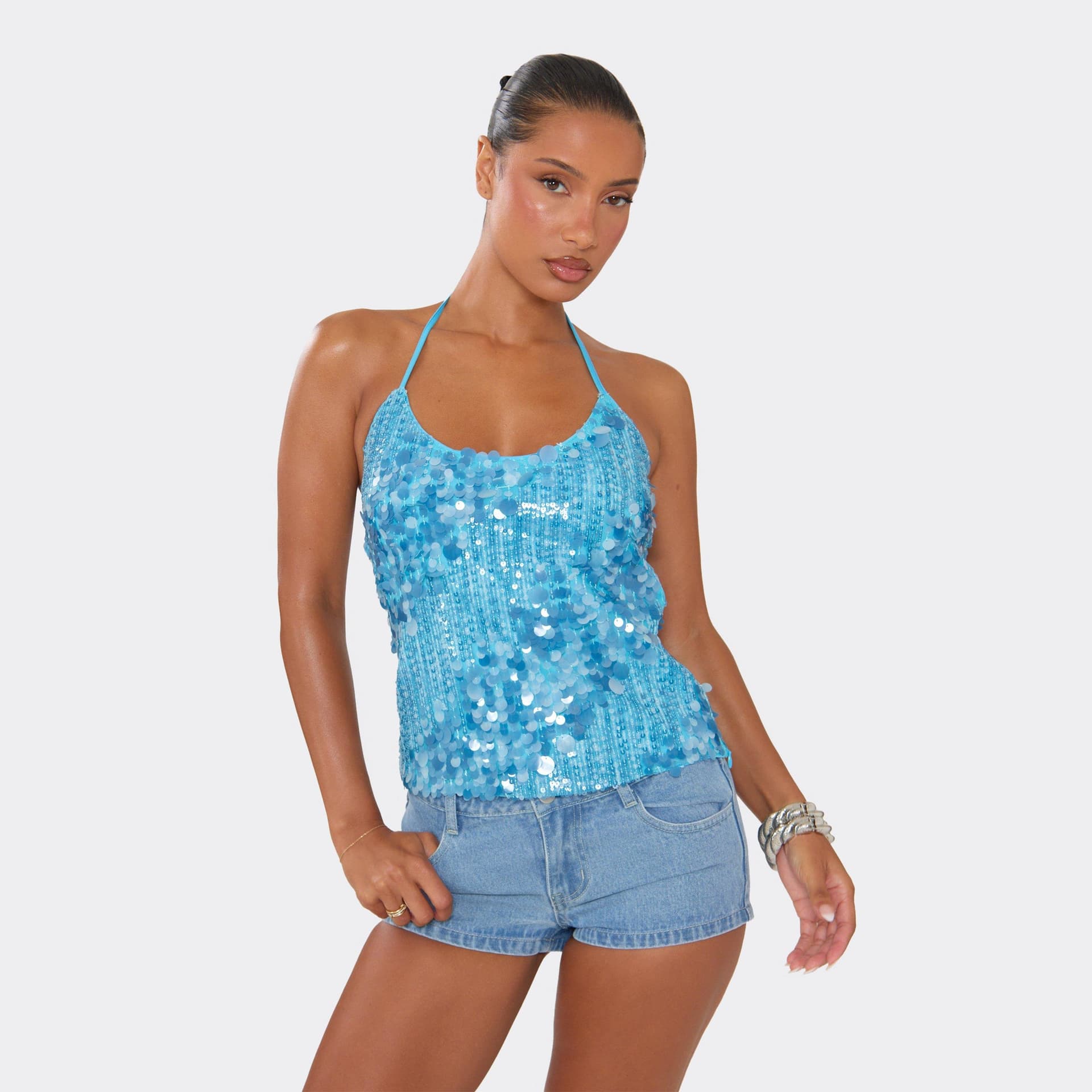 EGO Halterneck Top In Blue Disc Sequin, Women's Size UK 6