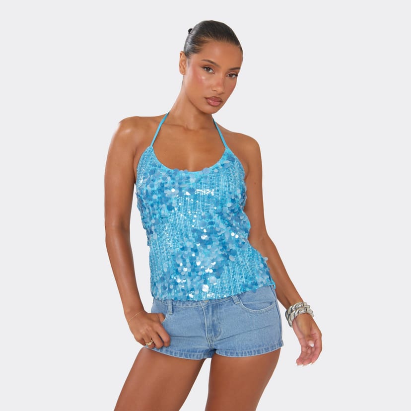 EGO Halterneck Top In Blue Disc Sequin, Women's Size UK 6 - 1