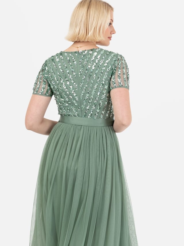 Maya Deluxe Maya Deluxe Women's Belted Stripe Embellished Maxi Dress in Dark Green - 2