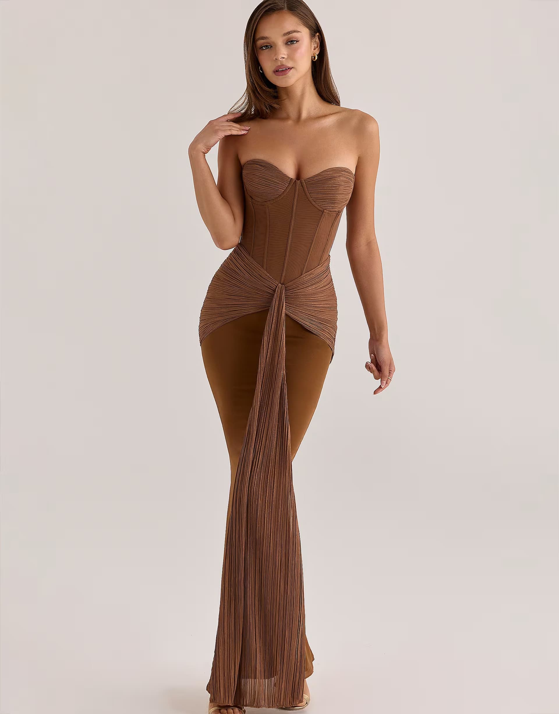 ASOS House of CB Charlotte bronze shimmer chiffon + mesh strapless maxi dress in bronze