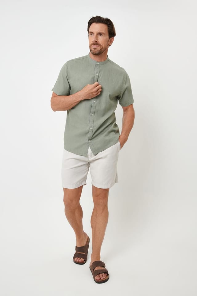 Threadbare Threadbare Men's Grandad Collar Linen Blend Short Sleeve Shirt in Pale Green - 3