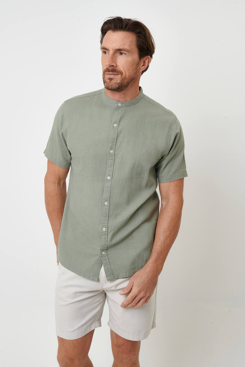 Threadbare Threadbare Men's Grandad Collar Linen Blend Short Sleeve Shirt in Pale Green - 4