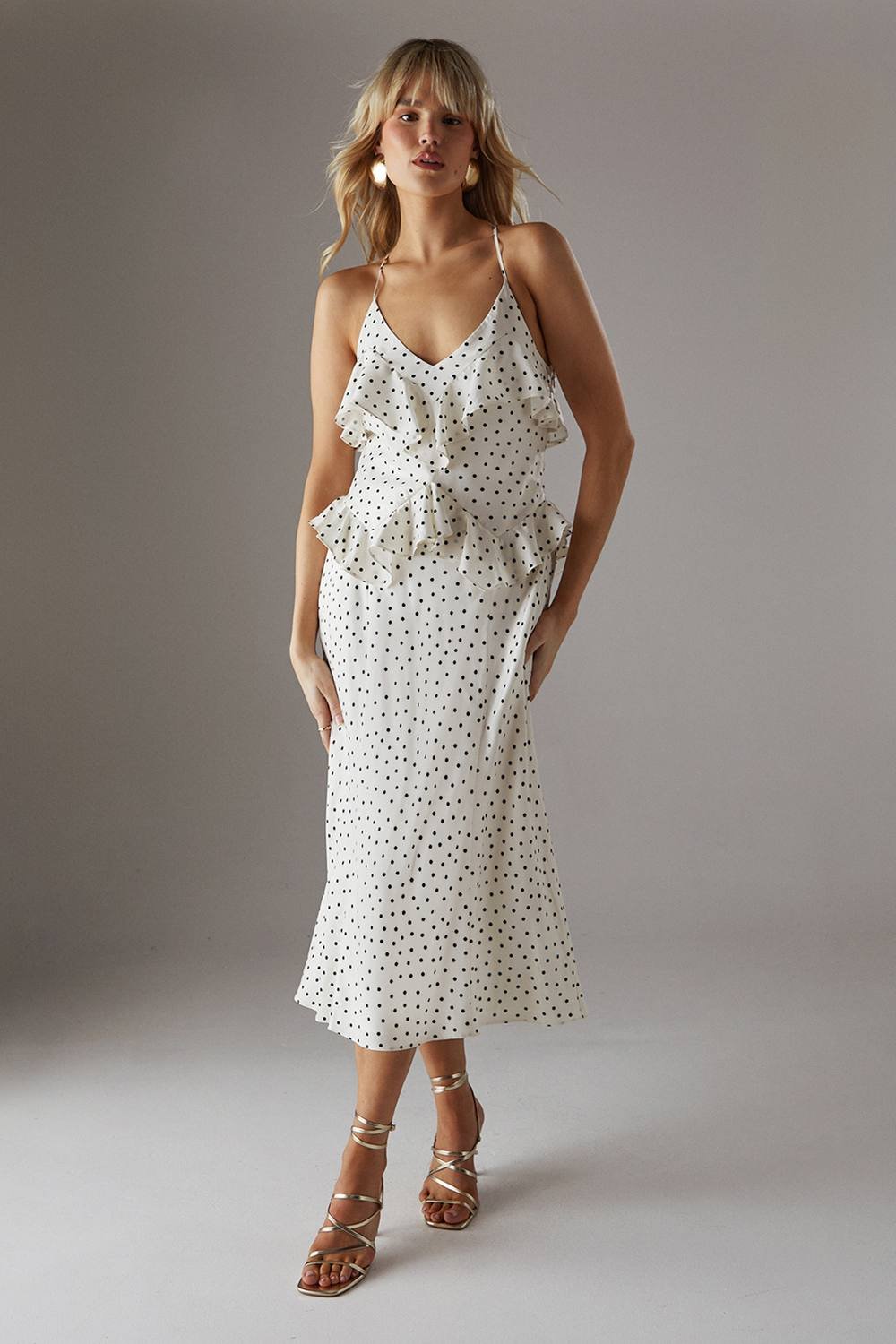 Warehouse Warehouse Women's Polka Dot Ruffle Detail Bias Satin Dress in Yellow - 2