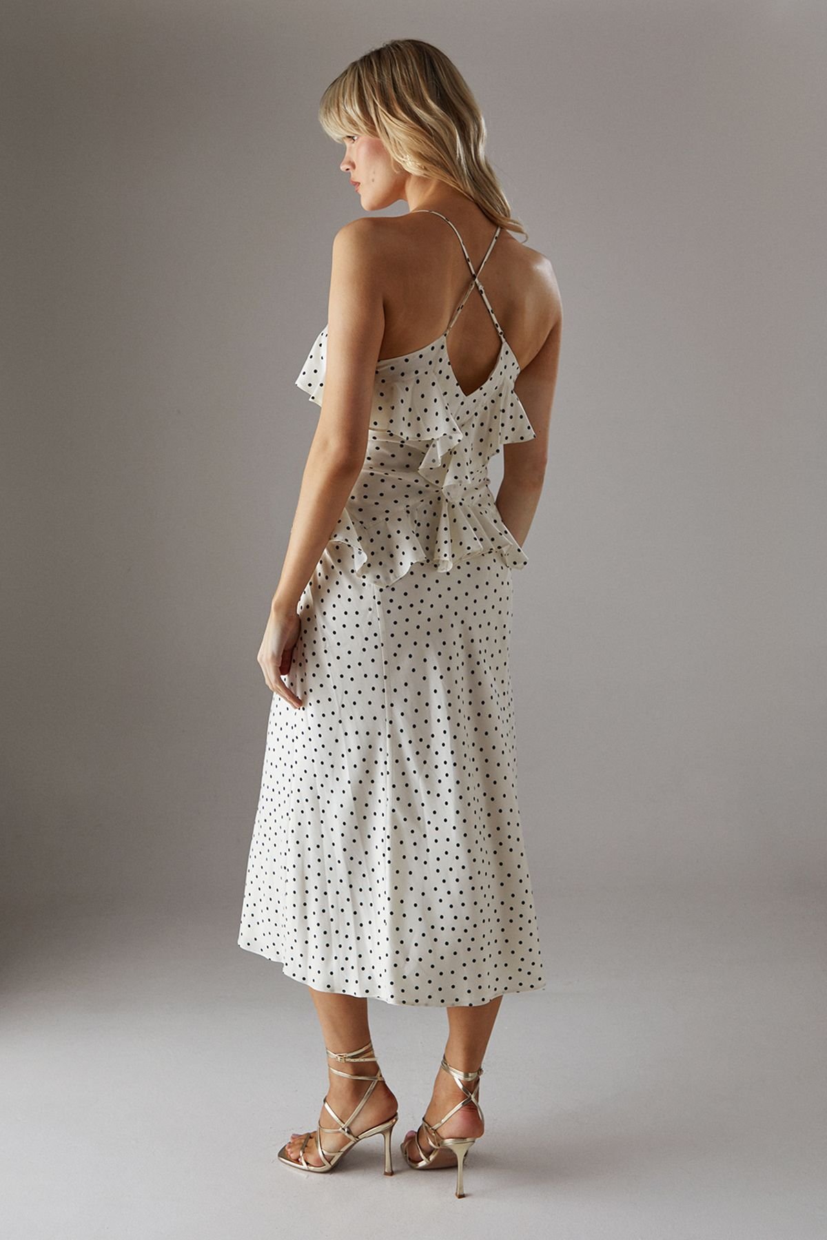 Warehouse Warehouse Women's Polka Dot Ruffle Detail Bias Satin Dress in Yellow - 3