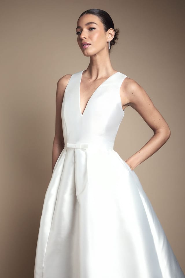 Coast Coast Women's Plunge Neck Bow Waist Midi Wedding Dress With Pockets in Ivory - 2