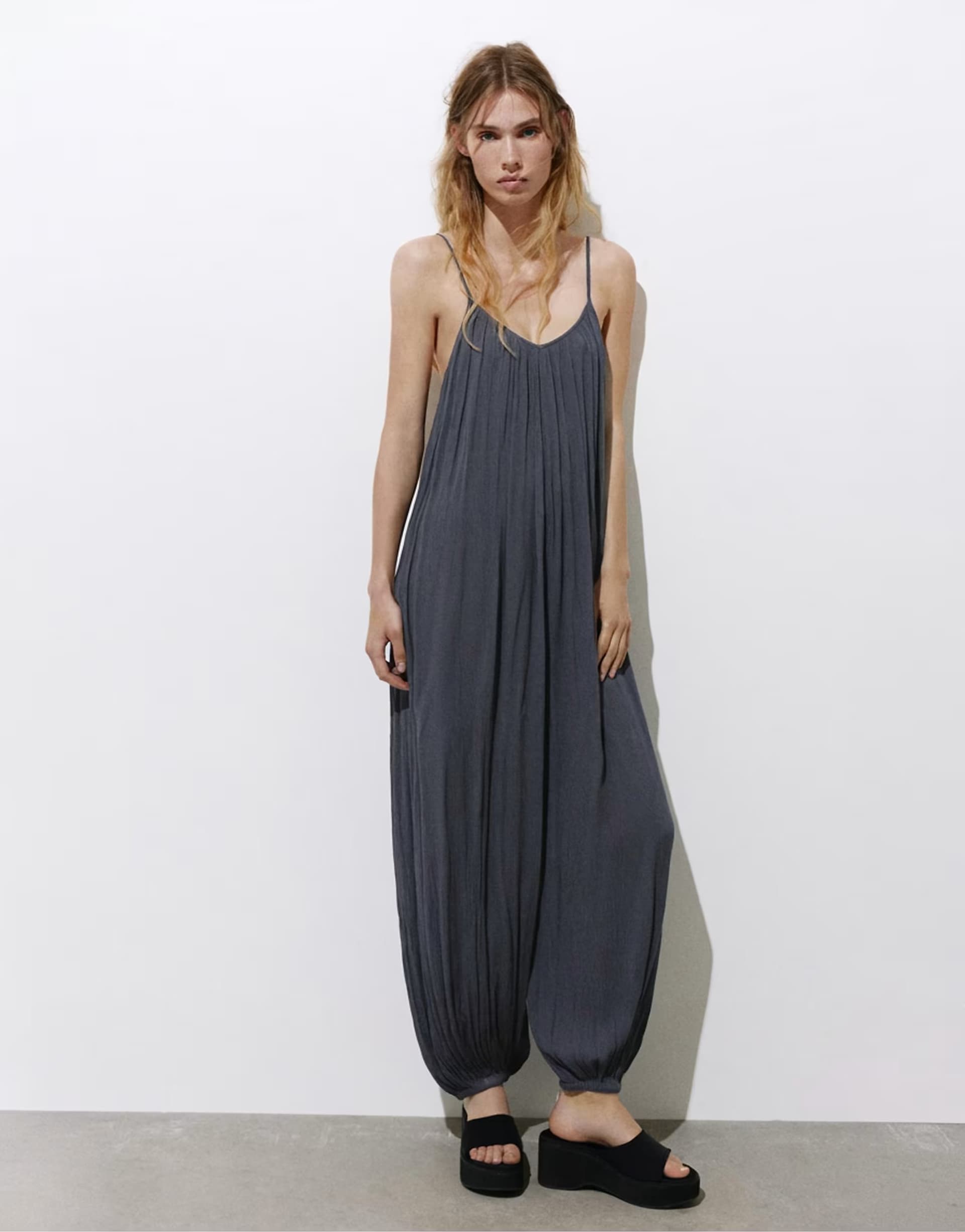 ASOS Pull&Bear Flowing strappy sarouel jumpsuit in bluish