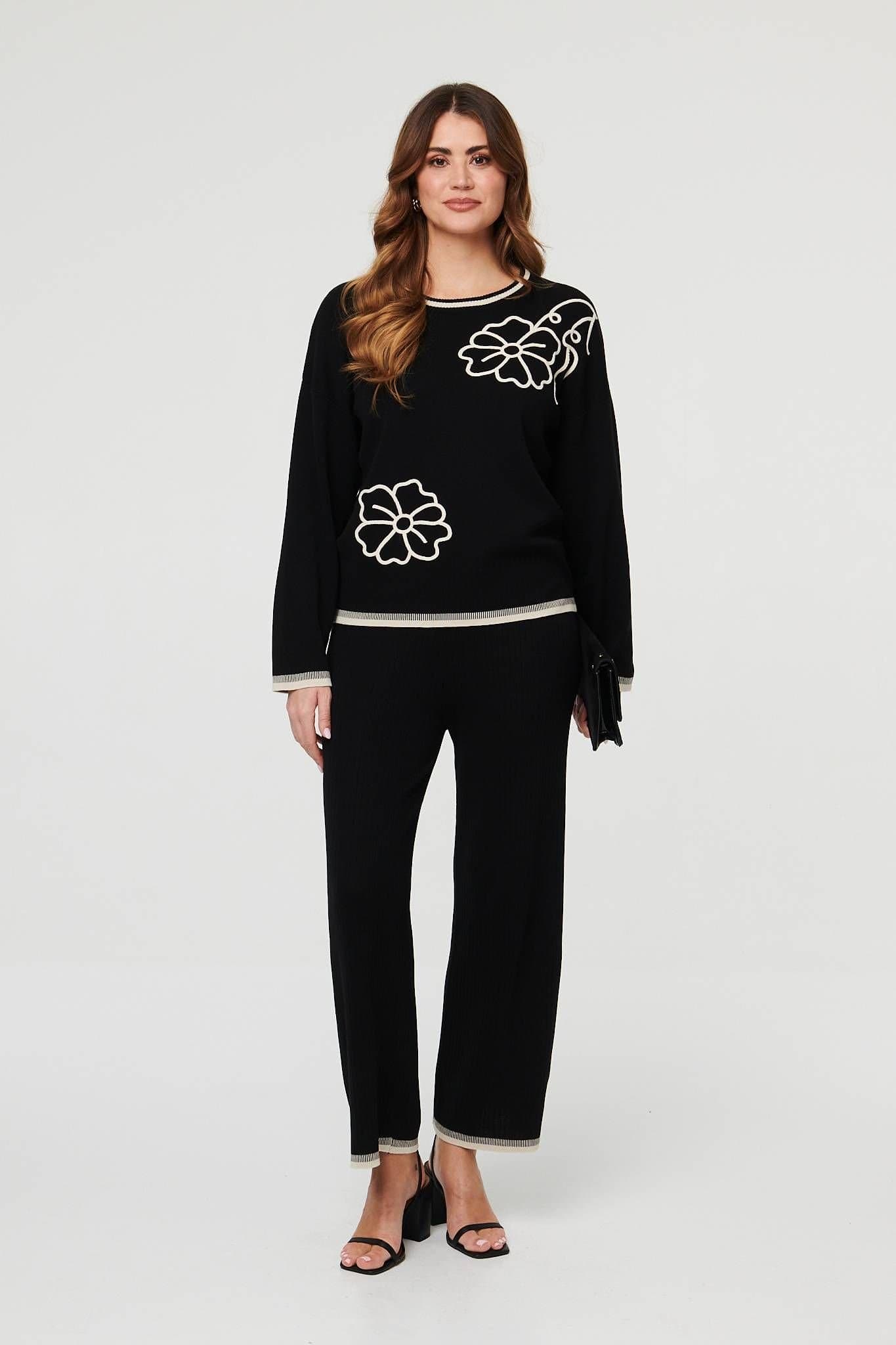 Izabel London Izabel London Women's Floral Trim Jumper & Trousers Co-Ord Set in Black