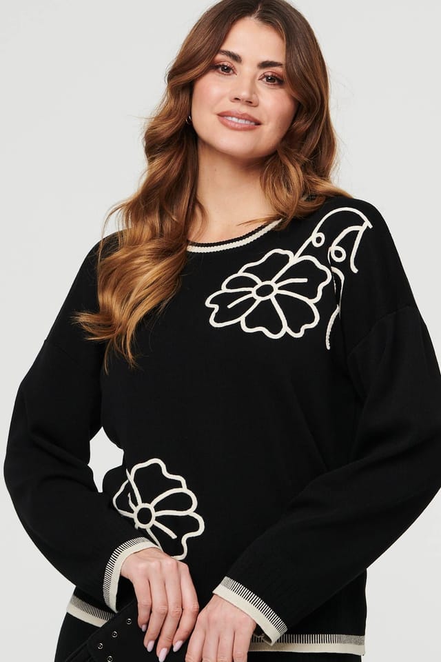 Izabel London Izabel London Women's Floral Trim Jumper & Trousers Co-Ord Set in Black - 2