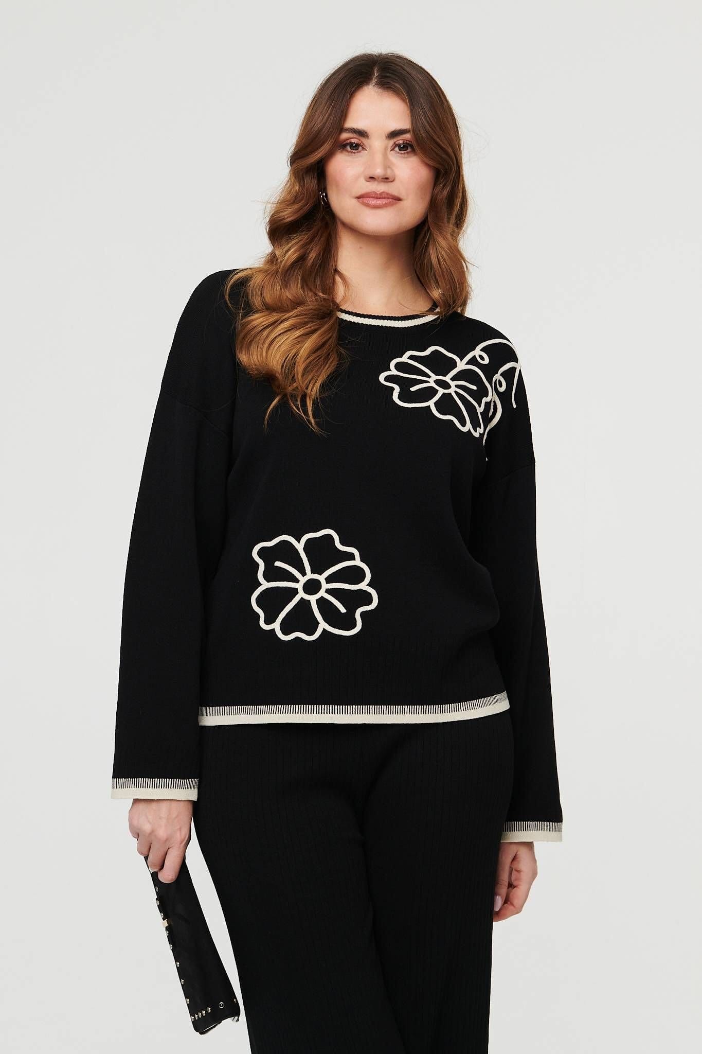 Izabel London Izabel London Women's Floral Trim Jumper & Trousers Co-Ord Set in Black - 4