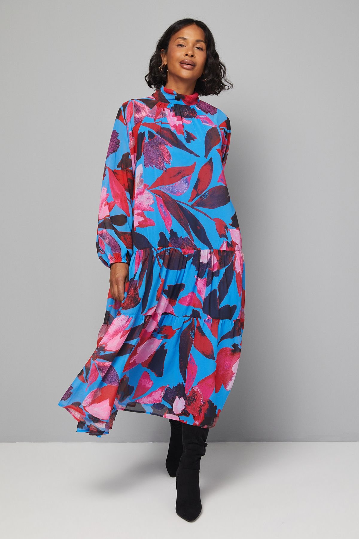 Wallis Wallis Women's High Neck Tiered Frill Smock Dress in Blue - 2