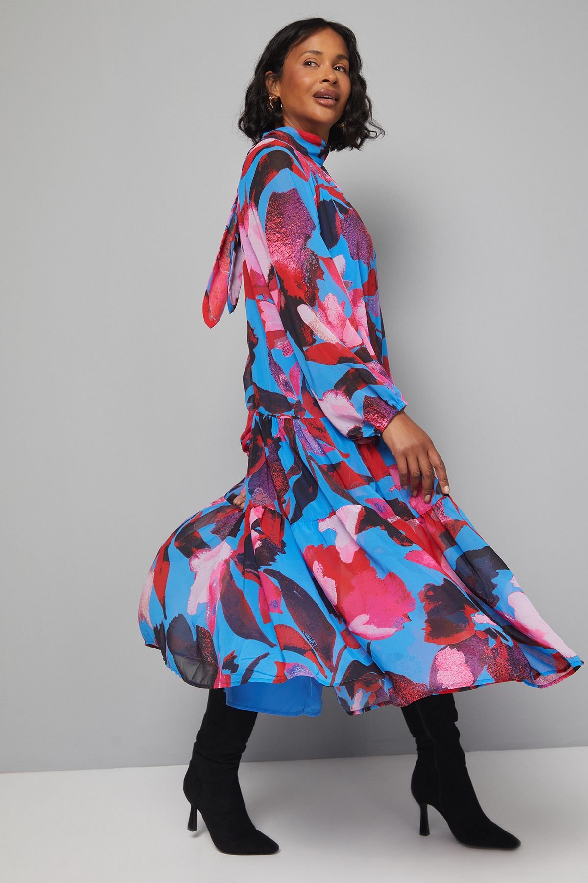 Wallis Wallis Women's High Neck Tiered Frill Smock Dress in Blue - 4