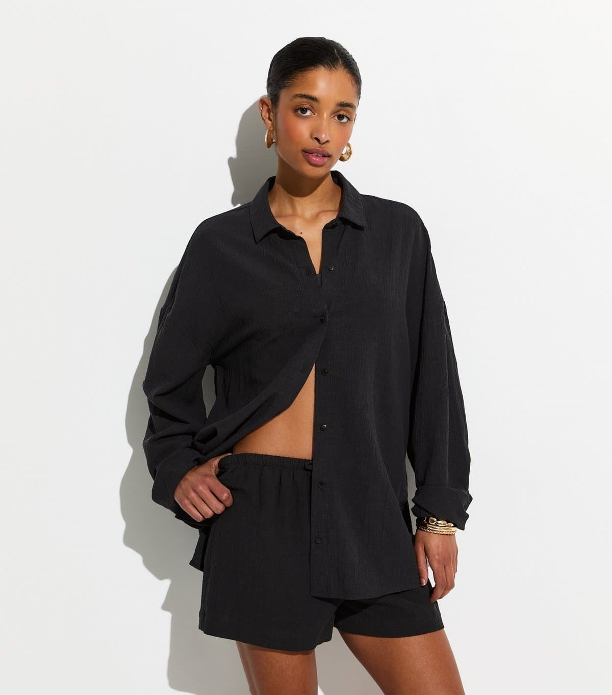 New Look Women's Black Textured Oversized Beach Shirt New Look
