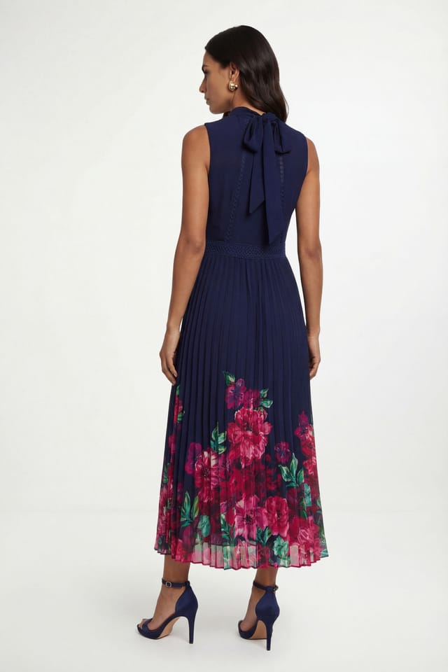 Wallis Wallis Women's Floral Lace Insert Pleated Midi Dress in Navy - 2