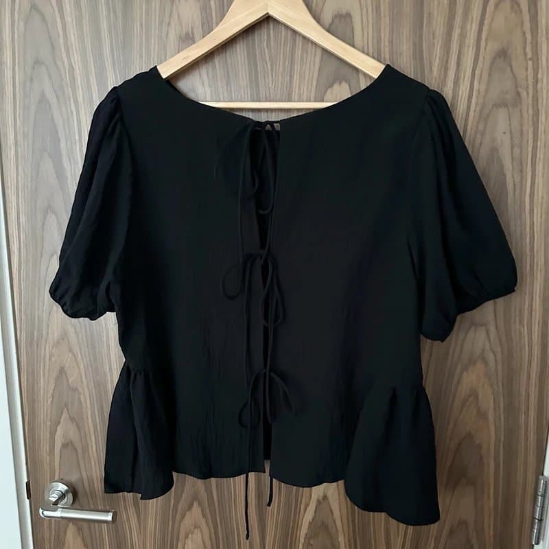 ASOS ASOS Black Puff Sleeve Tie Front Smock Blouse Top Large