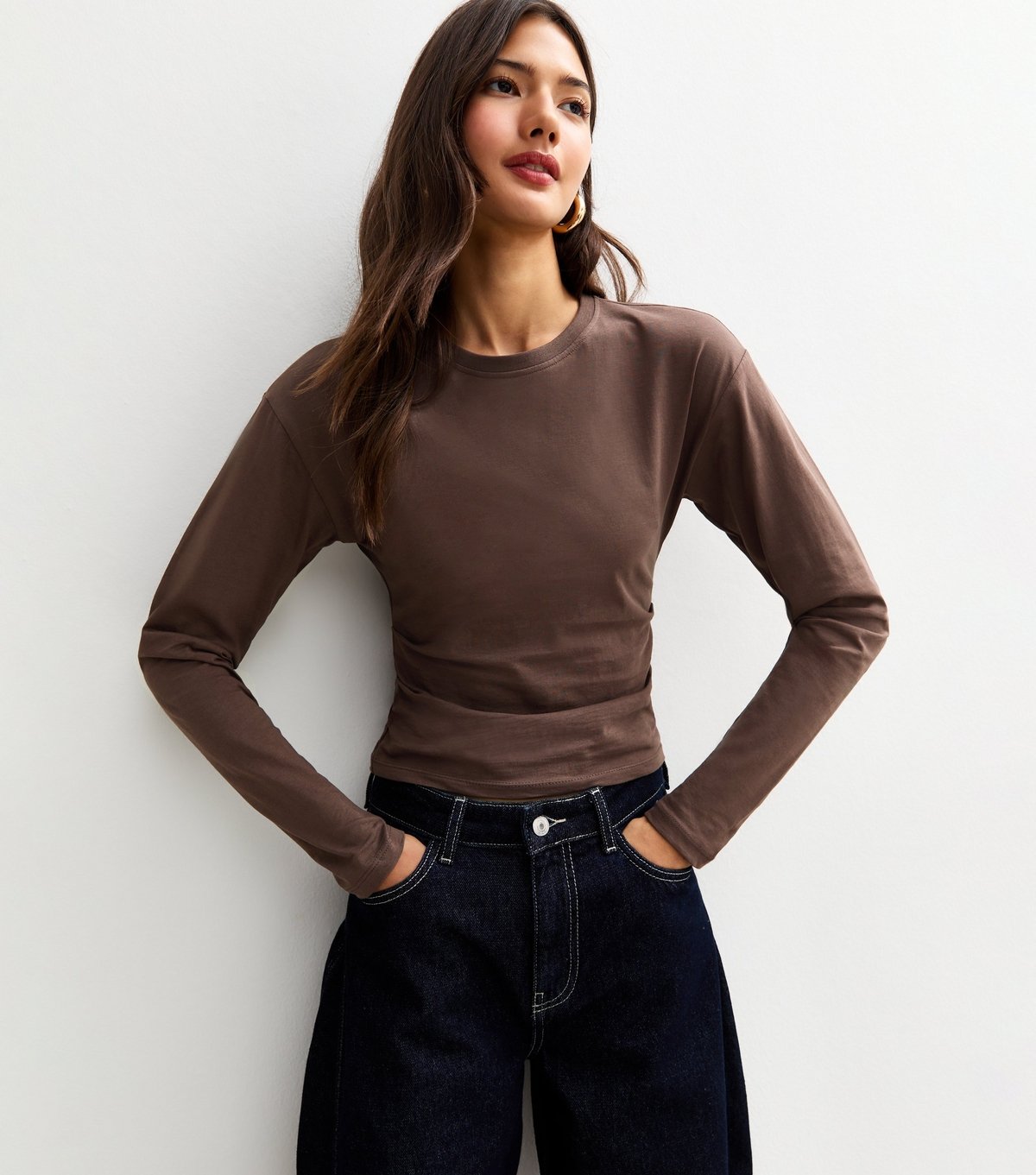 New Look Women's Brown Long Sleeve Pleated Side Corset Top New Look - 1