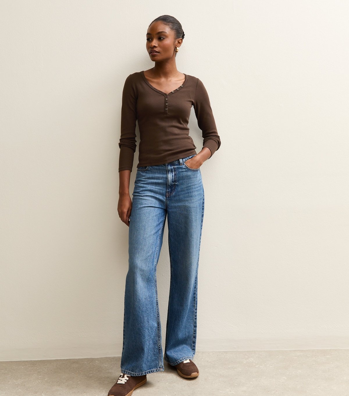 New Look Women's Dark Brown Long Sleeve Henley Top New Look - 3