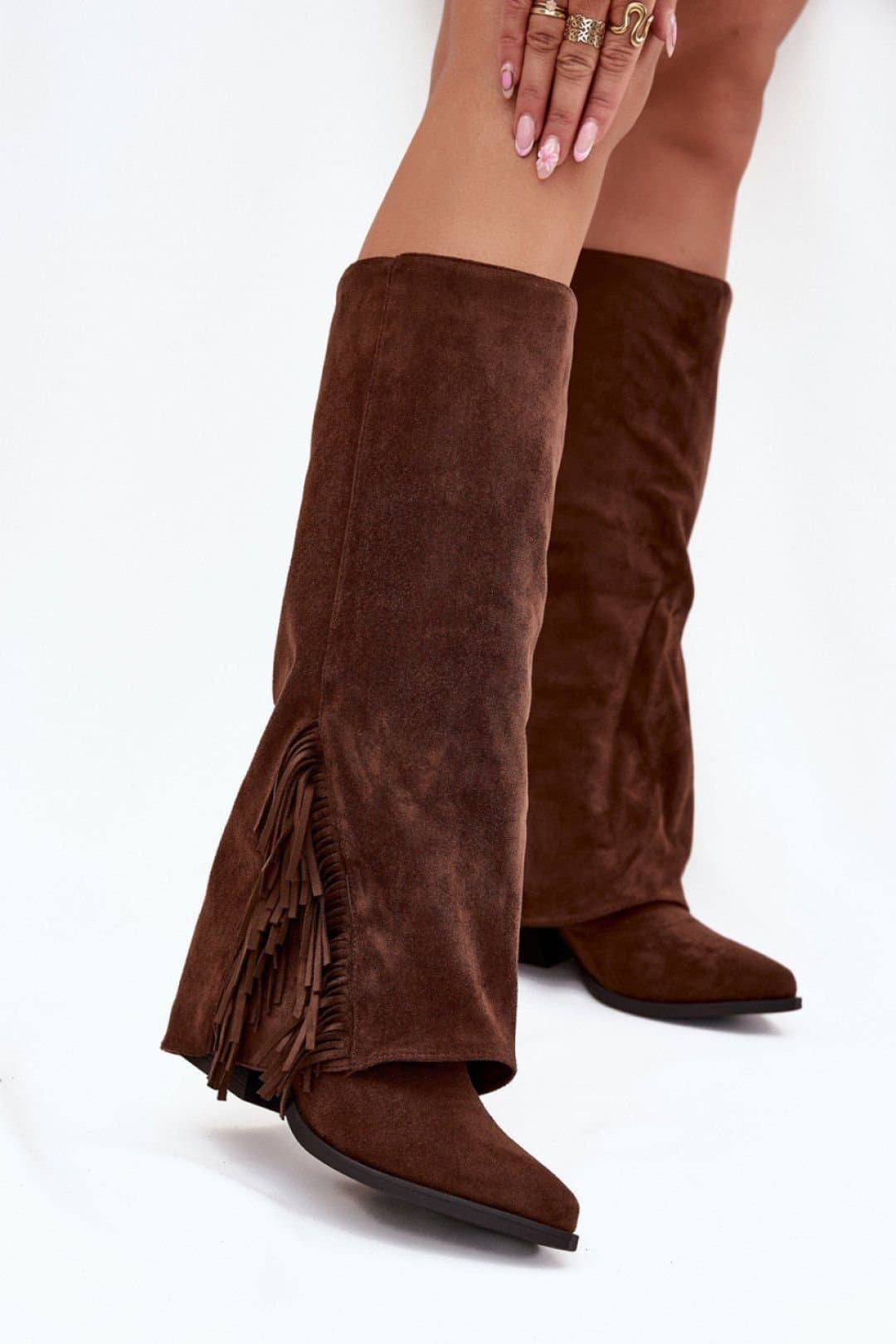 Love Lace Love Lace Women's Boho Cowboy Slip On Block Heel Boots with Fringe Pointed Toes in Brown