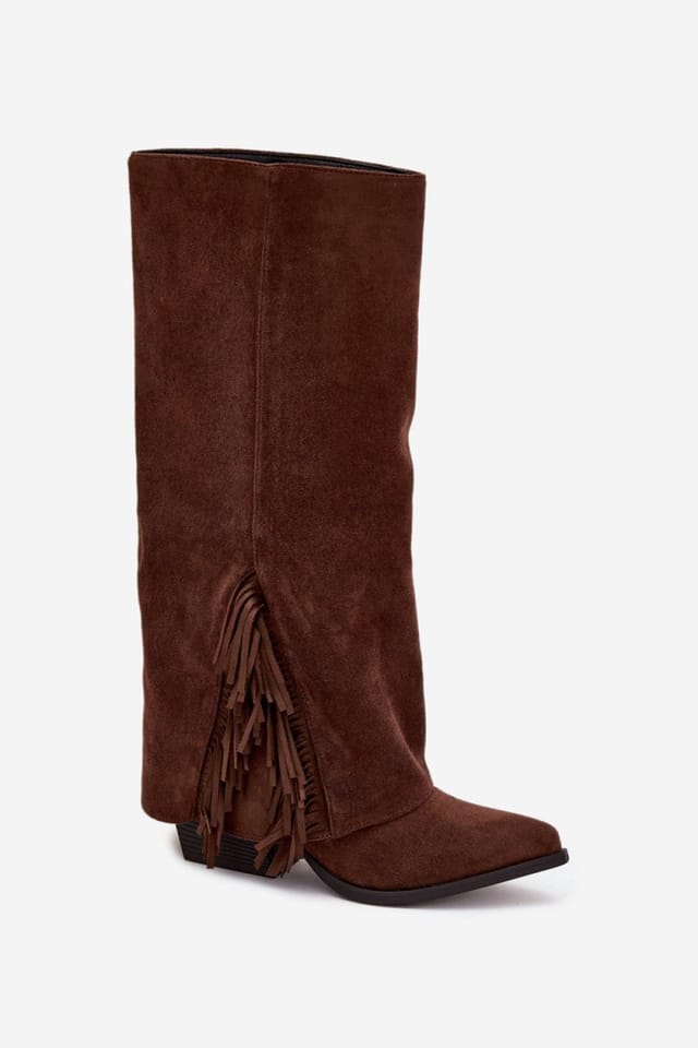 Love Lace Love Lace Women's Boho Cowboy Slip On Block Heel Boots with Fringe Pointed Toes in Brown - 2