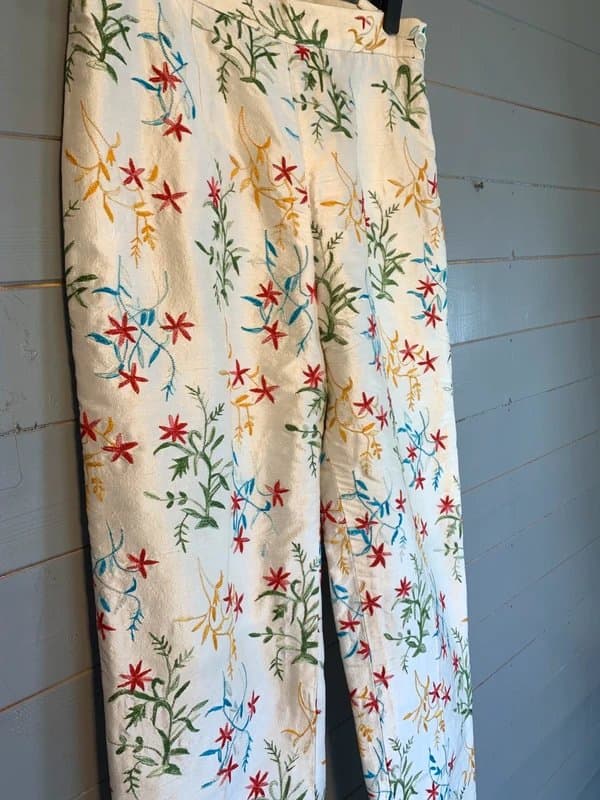 Nicole Farhi Nicole Farhi 100% Silk Floral Embroidered Trousers UK 8 White Luxury Designer