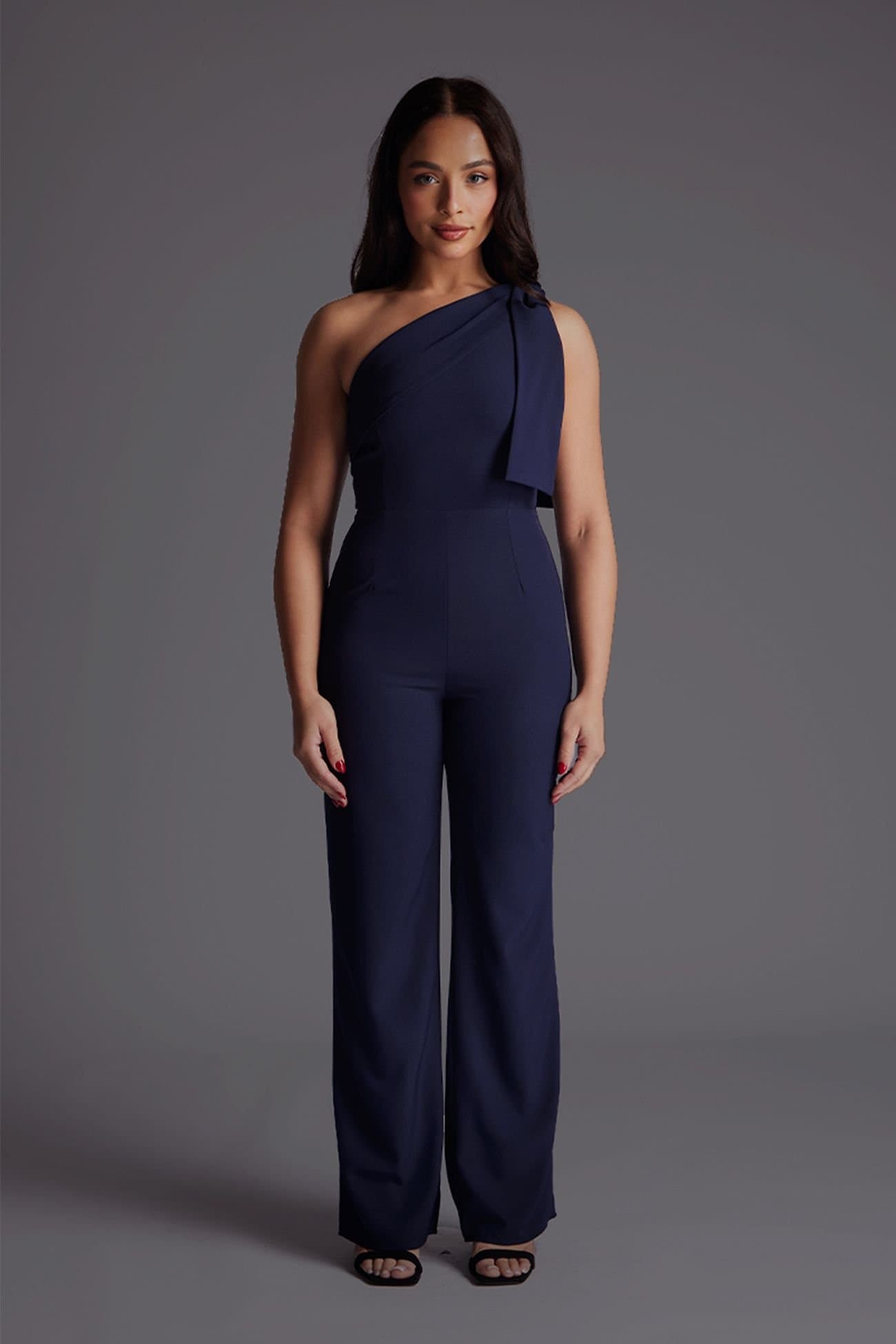 Vesper Vesper Women's Petite One Shoulder Wide Leg Jumpsuit in Navy