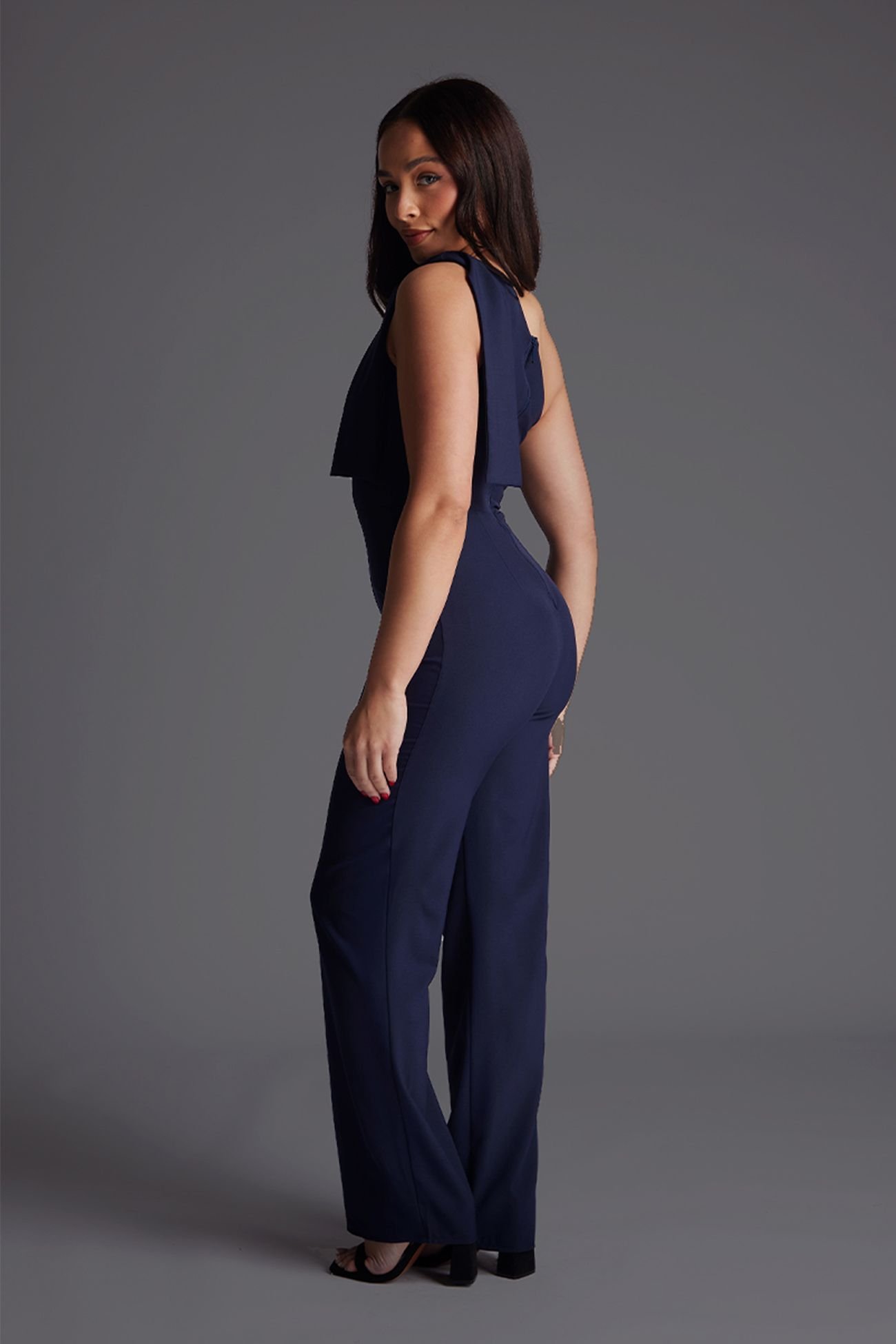 Vesper Vesper Women's Petite One Shoulder Wide Leg Jumpsuit in Navy - 3