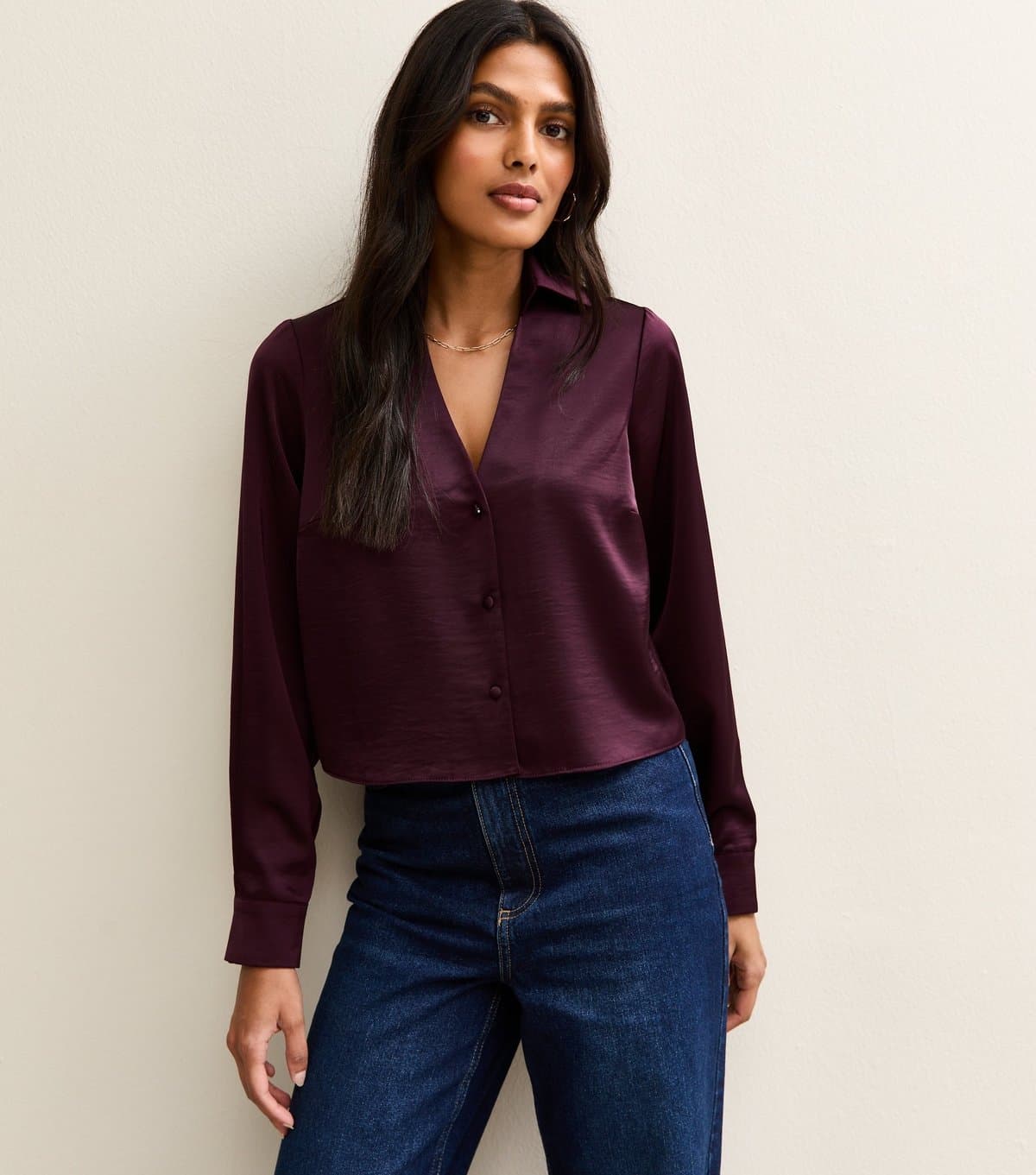 New Look Women's Burgundy Satin Crop Shirt New Look