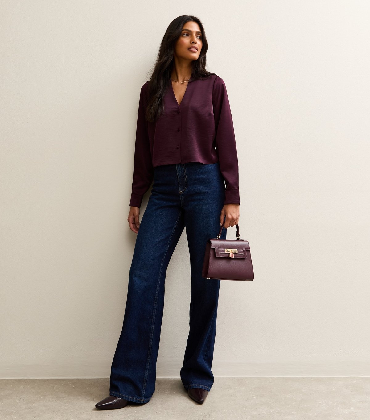 New Look Women's Burgundy Satin Crop Shirt New Look - 3