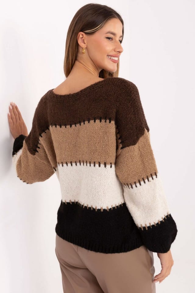 Love Lace Love Lace Women's Striped Loose Fit Acrylic Wool Blend Sweater in Brown - 3