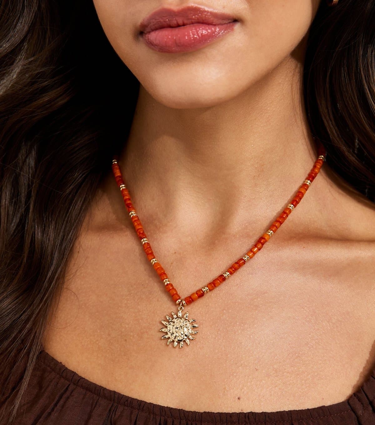 New Look New Look Orange Beaded Sun Pendant Necklace
