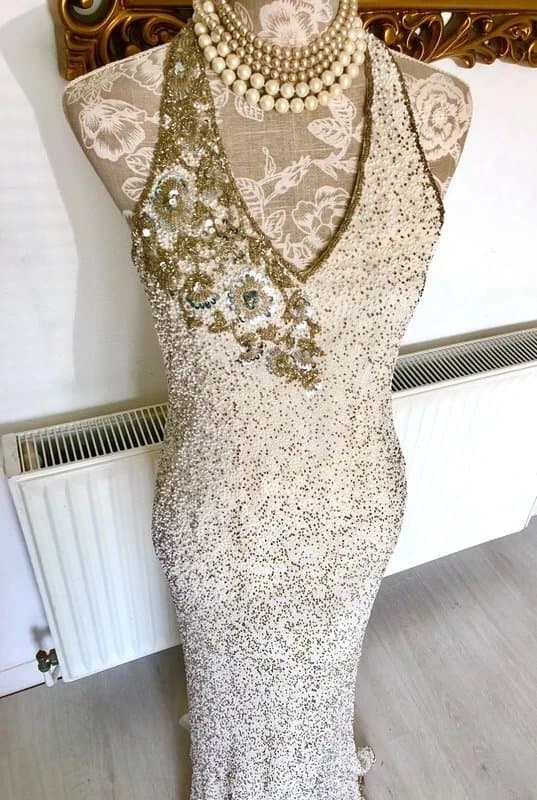 Vintage Y2K Silk 100% Monsoon Vintage 90s Monsoon Beaded Silk Halter Neck Maxi Gown
