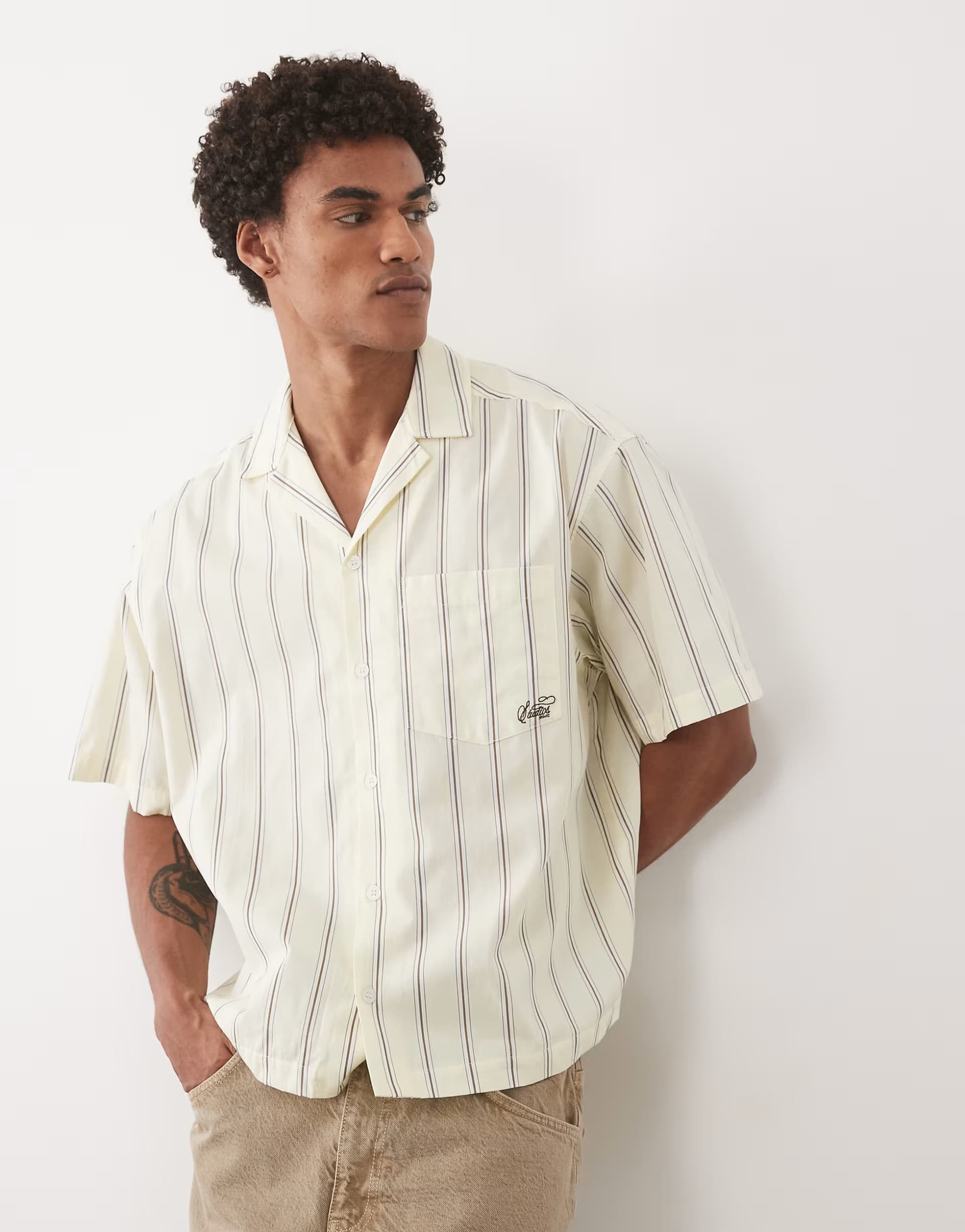 ASOS ASOS DESIGN boxy oversized stripe poplin revere shirt with embroidery in yellow