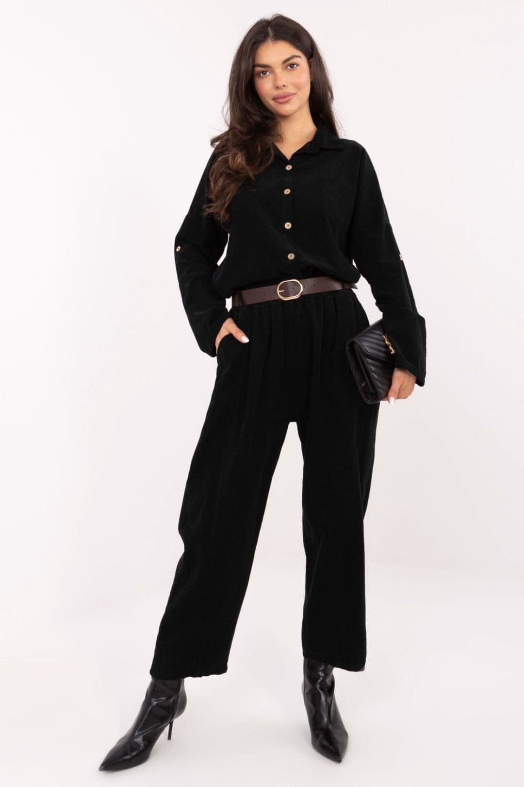 Love Lace Love Lace Black Corduroy High Waist Loose Trousers with Belt