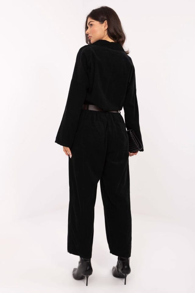 Love Lace Love Lace Women's Loose High Waist Corduroy Trousers with Belt in Black - 2