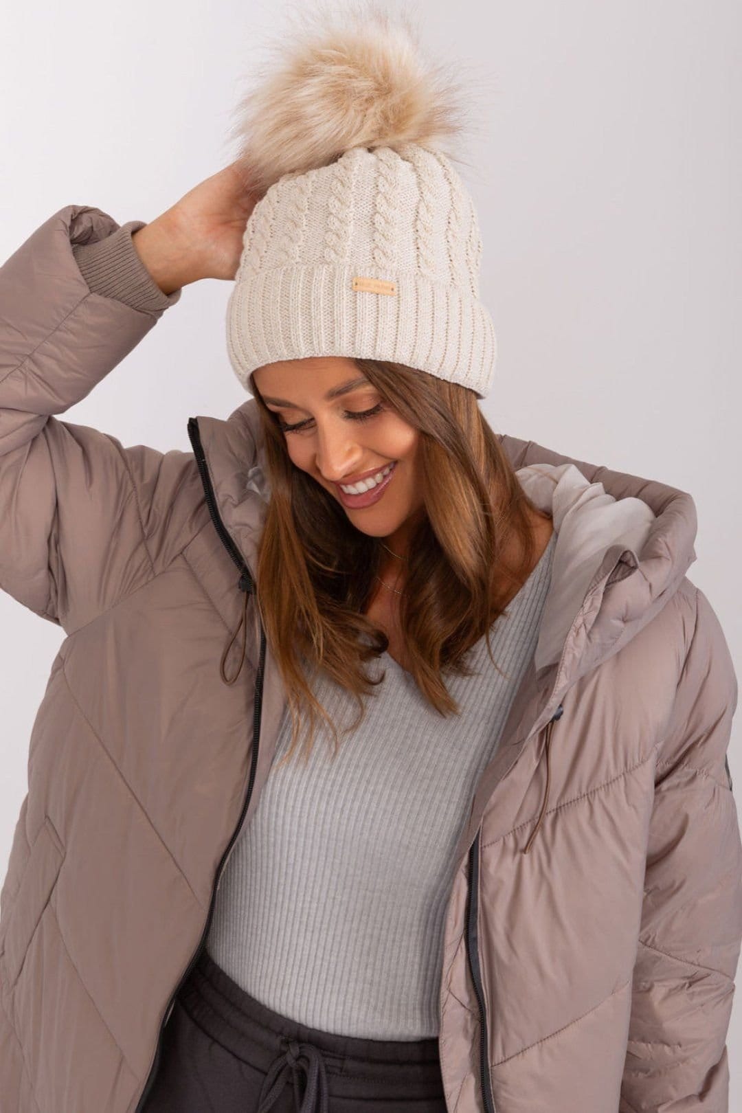 Love Lace Love Lace Women's Paris Street Adjustable Breathable Cotton pom-pom Beanie in Beige - 4