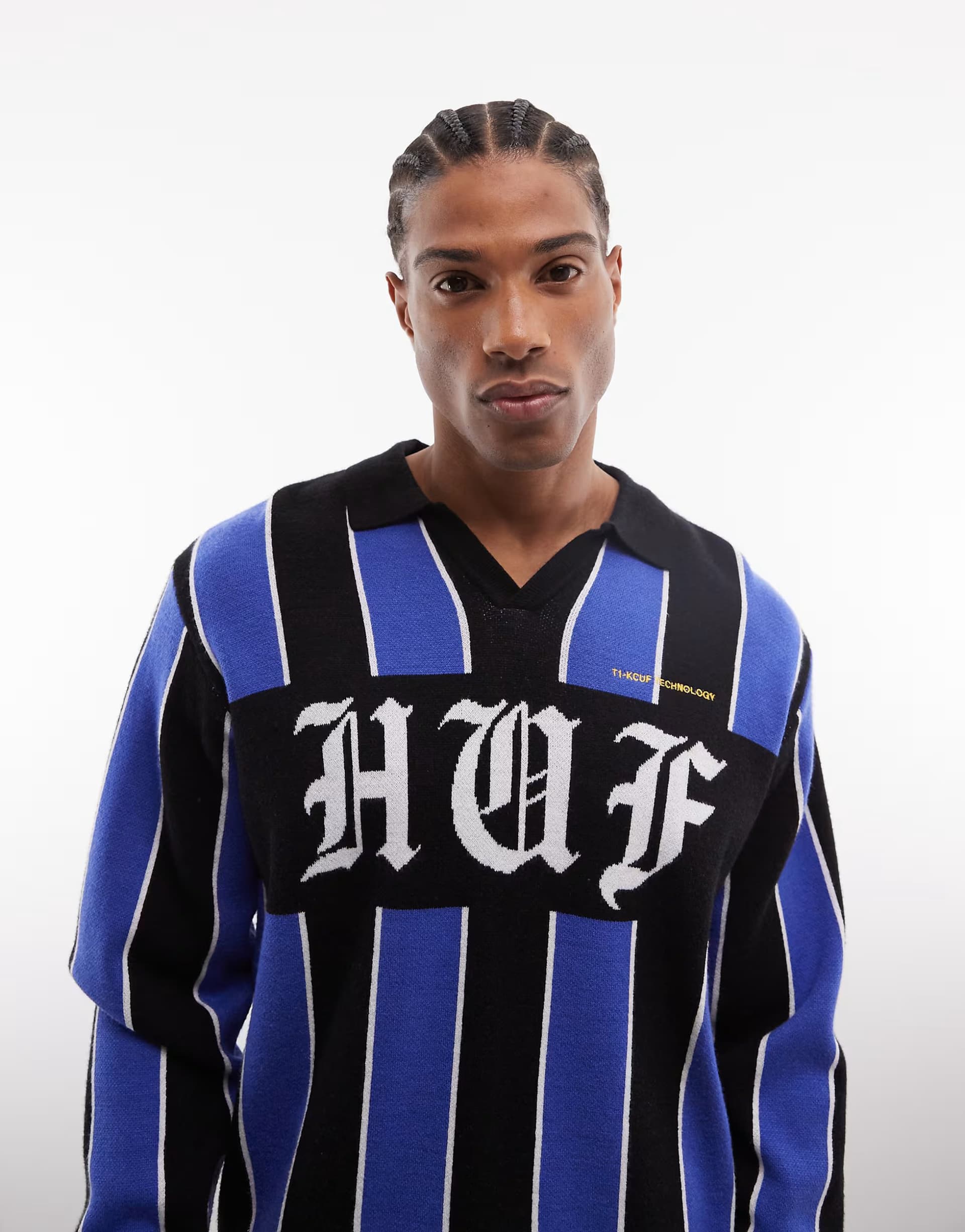 ASOS HUF midfield v neck football style knit in blue and black stripe