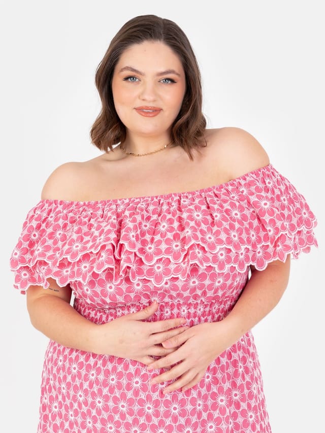 Lovedrobe Lovedrobe Women's Embroidered Bardot Neck Midi Dress in Pink - 2